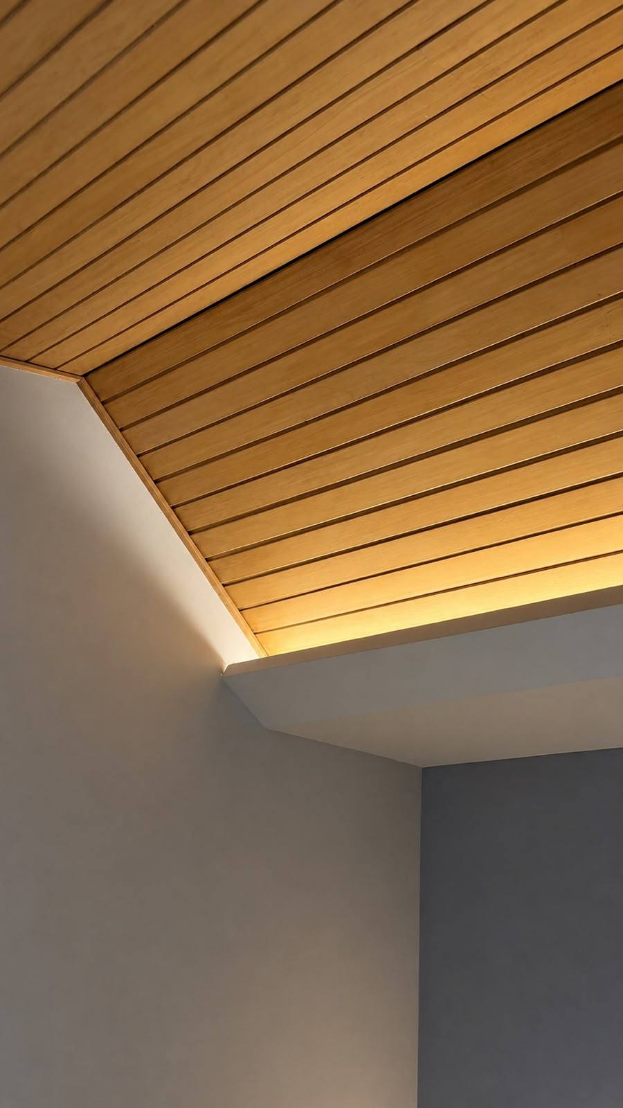 Detalle del cielorraso en madera con luz cálida del Apartamento Páramo 203