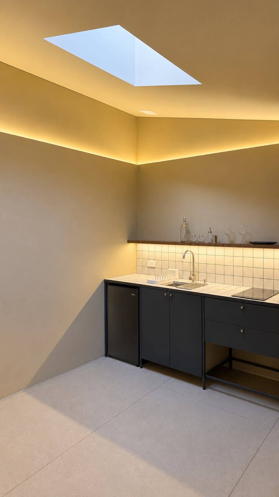 Cocina con tragaluz y muebles negros del Apartamento Páramo 203