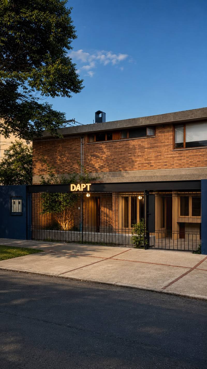 Fachada principal de Dapt House en ladrillo con letrero iluminado, Bogotá