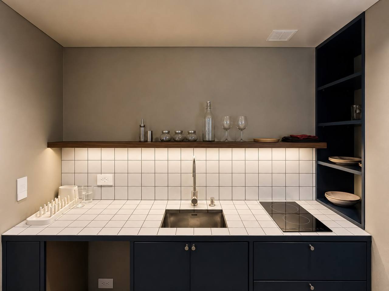 Cocina en azul profundo con encimera de cerámica blanca del Apartamento Páramo 201