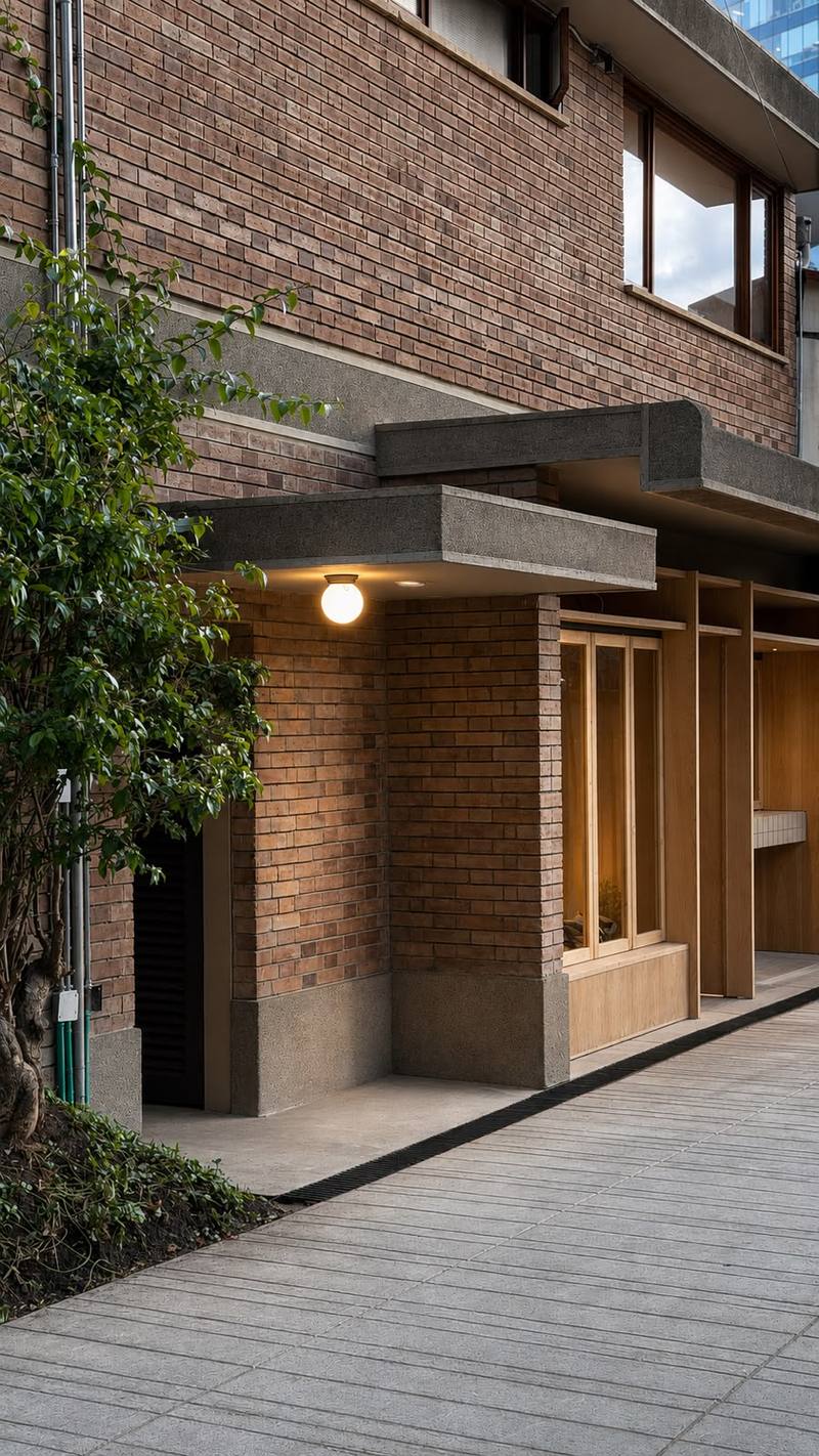 Corredor exterior en ladrillo y concreto de Dapt House