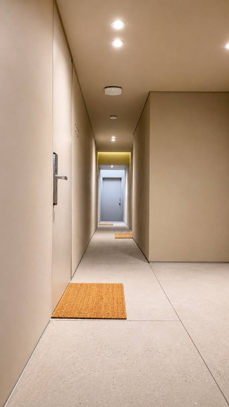 Corredor de acceso a los apartamentos con iluminación cálida