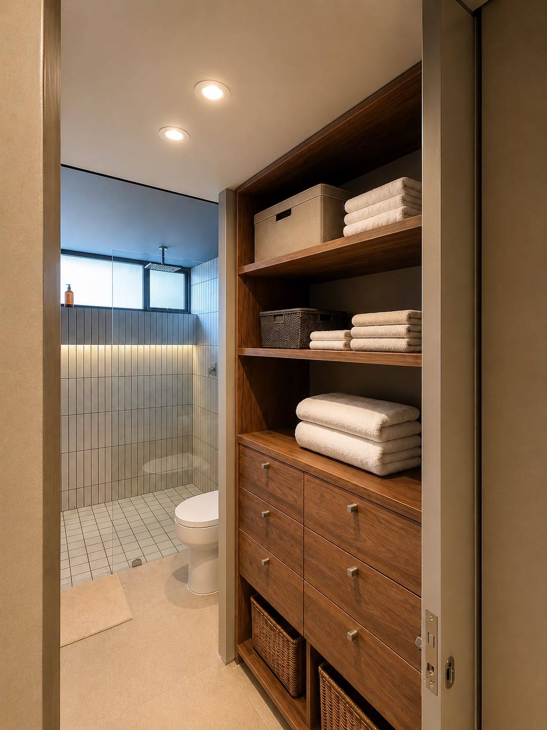 Baño con clóset en madera y toallas del Apartamento Páramo 201